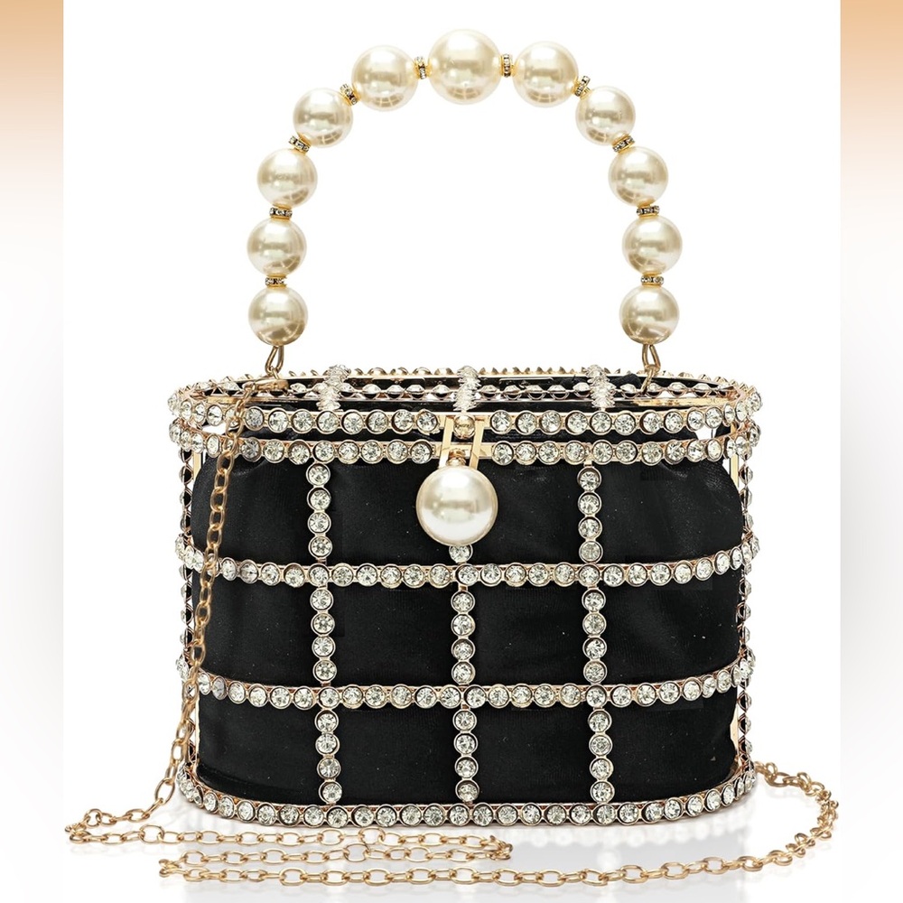 Elegant Black and Gold Handbag with Pearl Accents